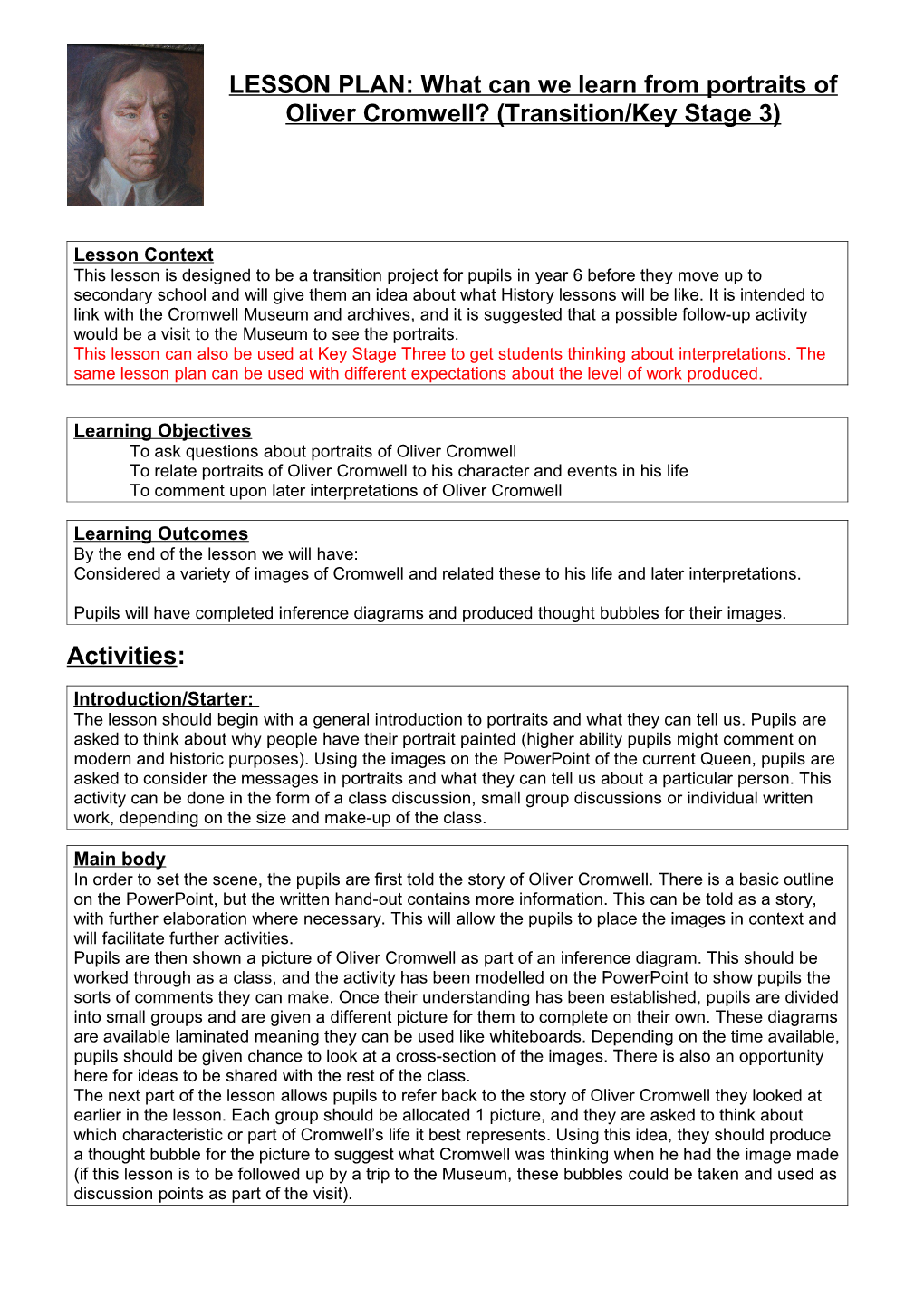 LESSON PLAN: What Can We Learn from Portraits of Oliver Cromwell? (Transition/Key Stage 3)