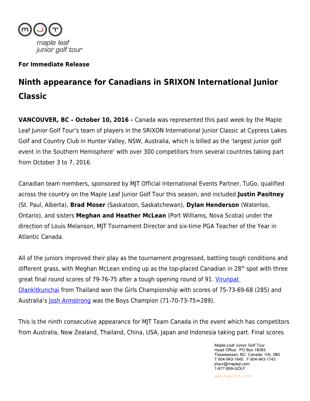 Ninth Appearance for Canadians in SRIXON International Junior Classic