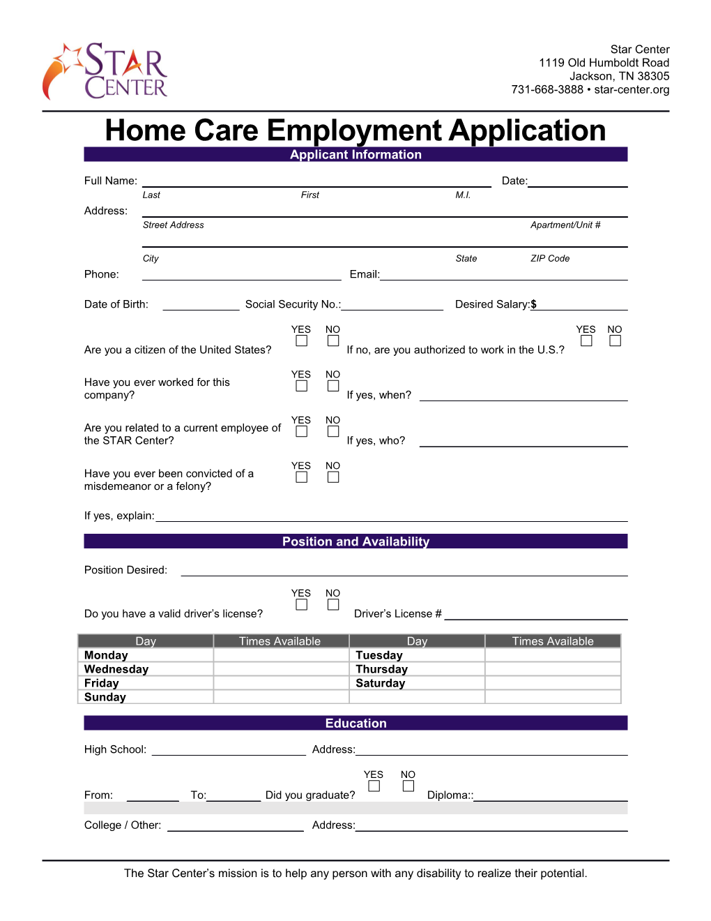 Home Care Employment Application