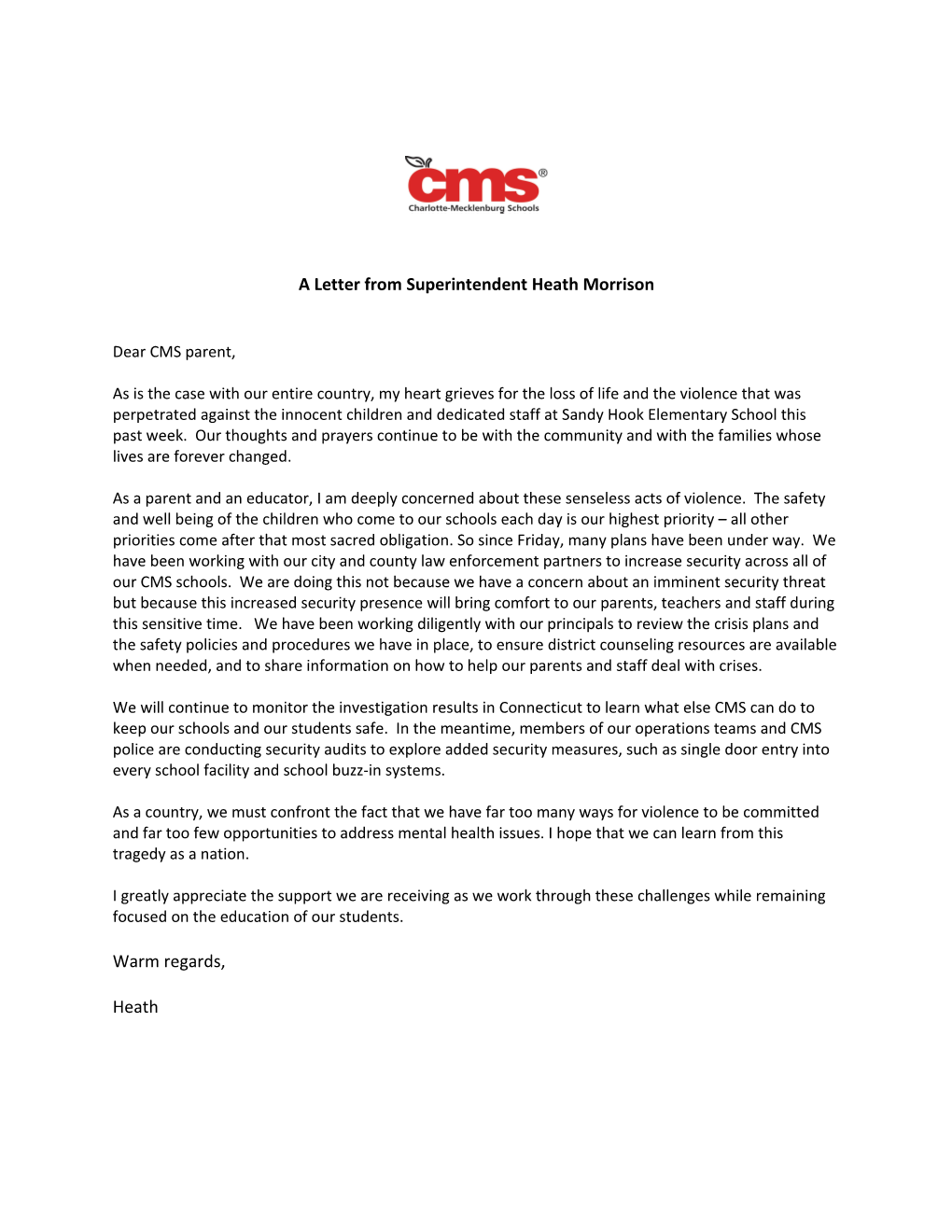 A Letter from Superintendent Heath Morrison