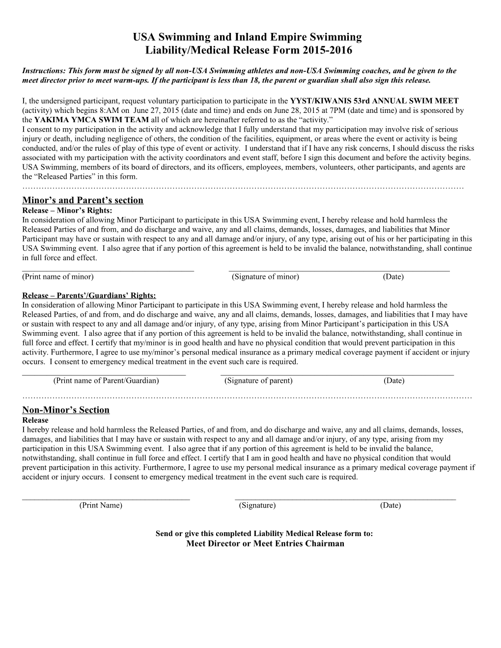 USA Swimming and Inland Empire Swimming Liability/Medical Release Form 2015-2016