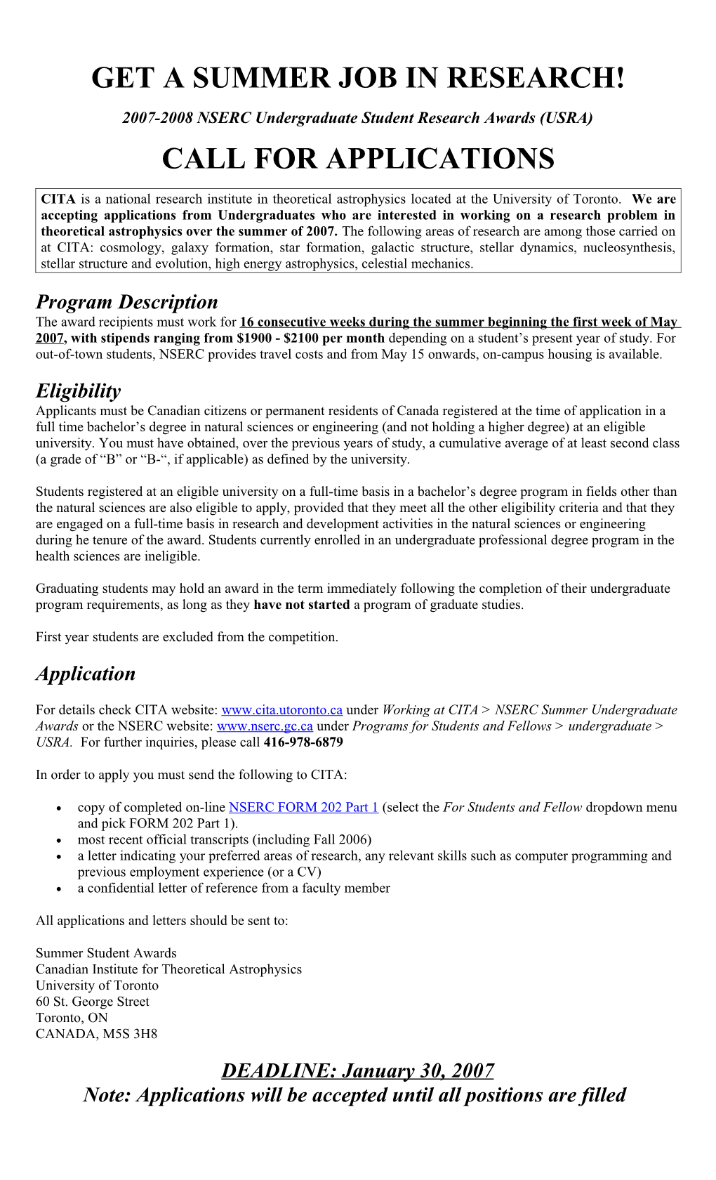 2007-2008 NSERC Undergraduate Student Research Awards (USRA)