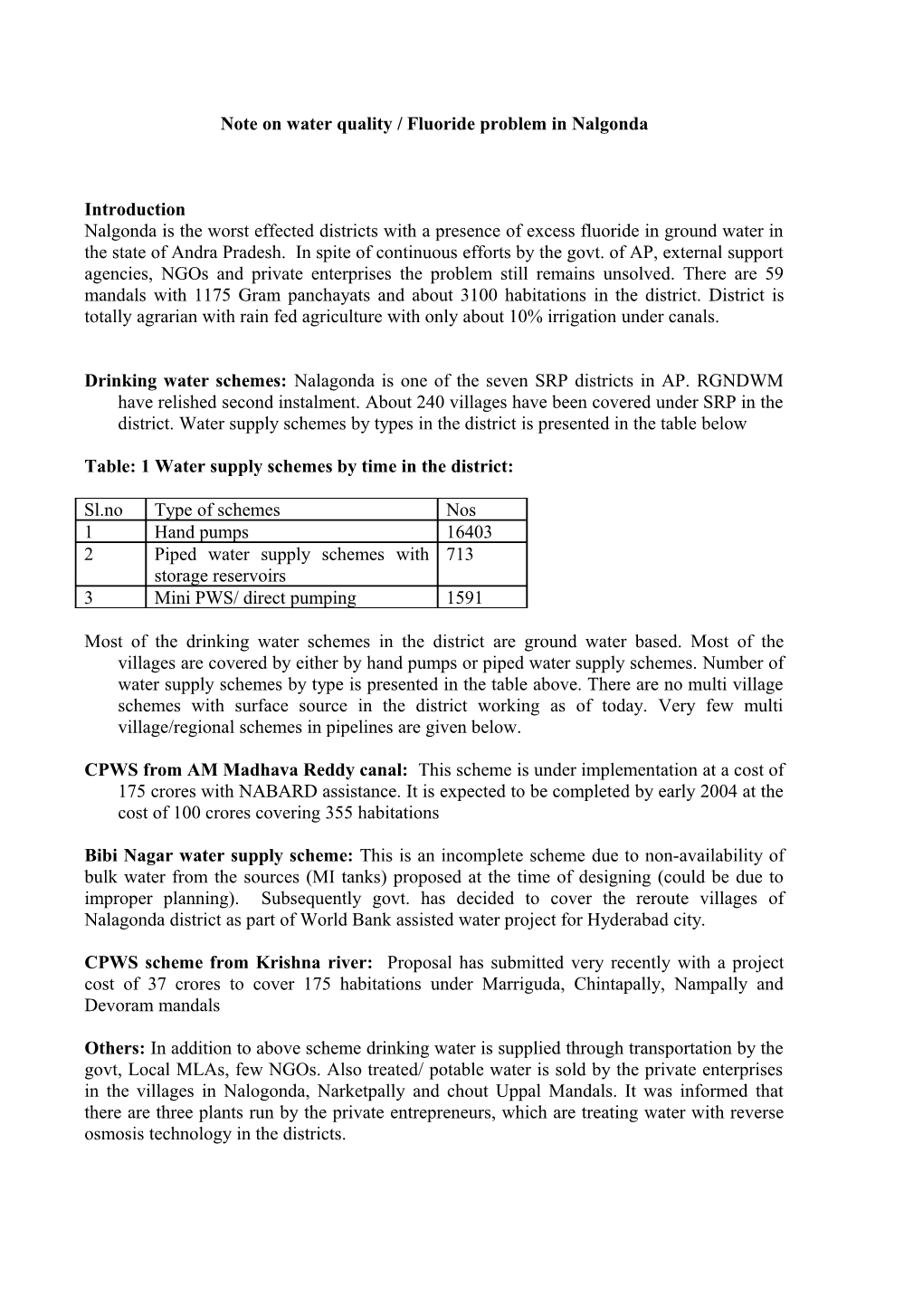 Note on Water Quality Problem in Nalagonda