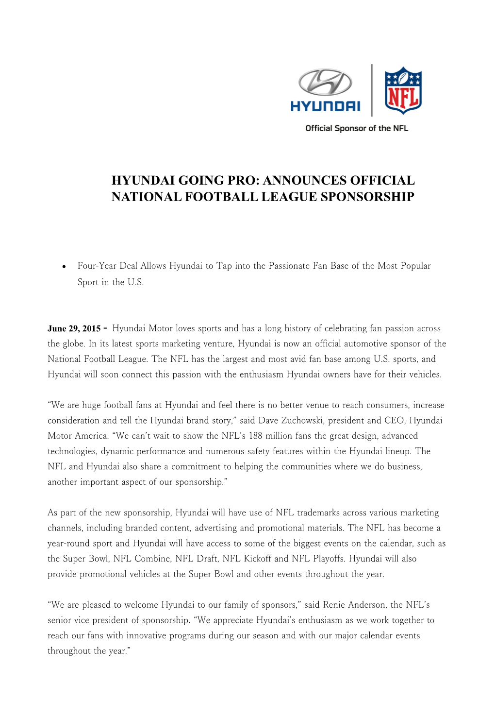Hyundai Going Pro: Announces Official National Football League Sponsorship