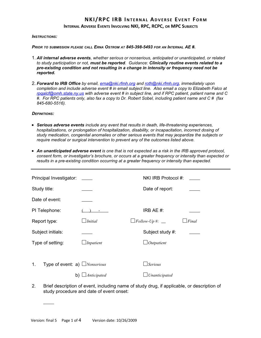 NKI/RPC IRB Internal Adverse Event Form