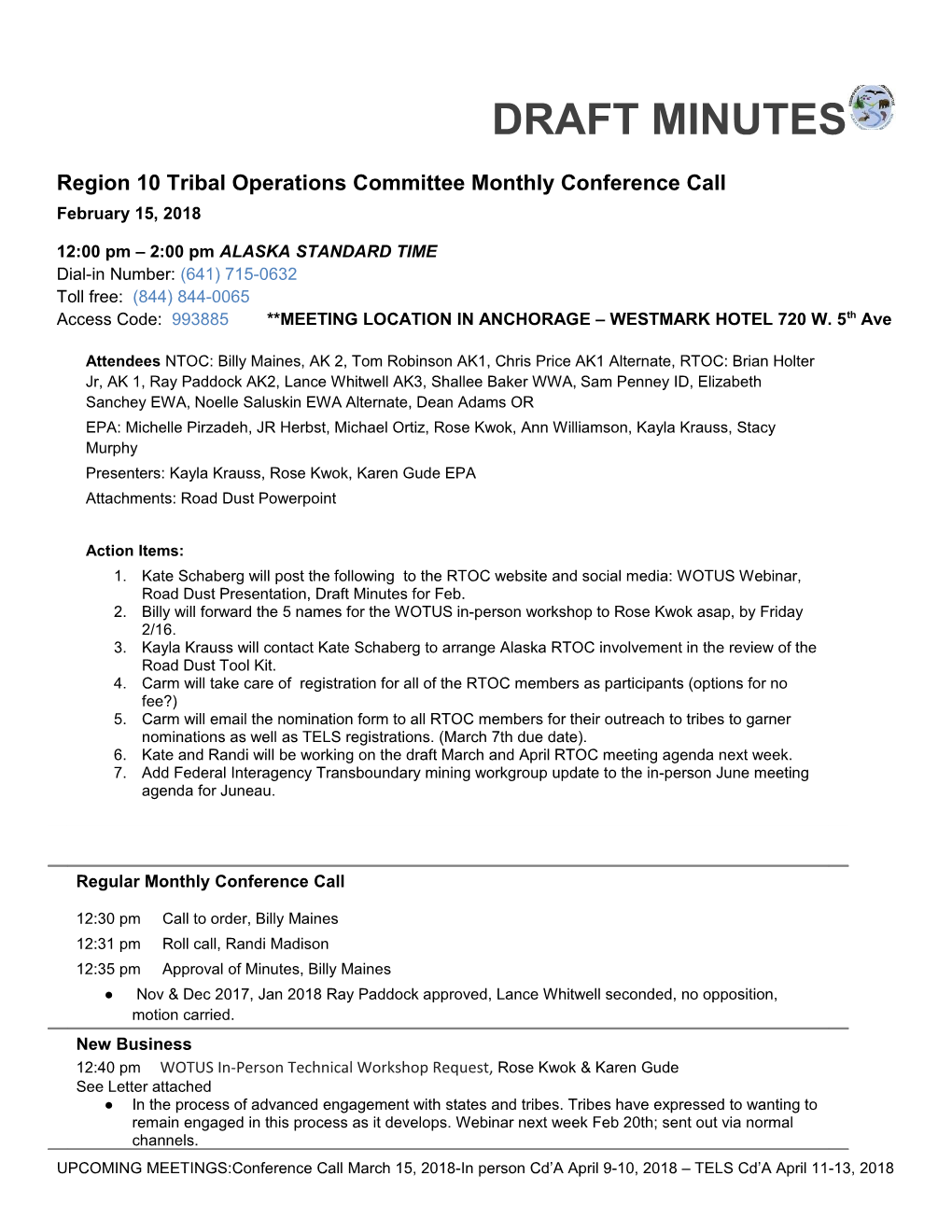 Region 10 Tribal Operations Committee Monthly Conference Call