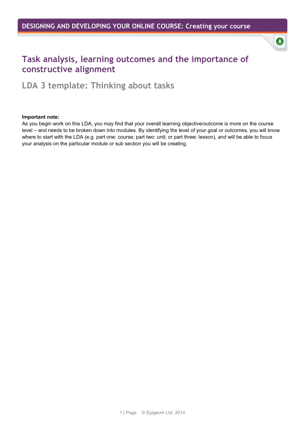 Task Analysis, Learning Outcomes and the Importance of Constructive Alignment