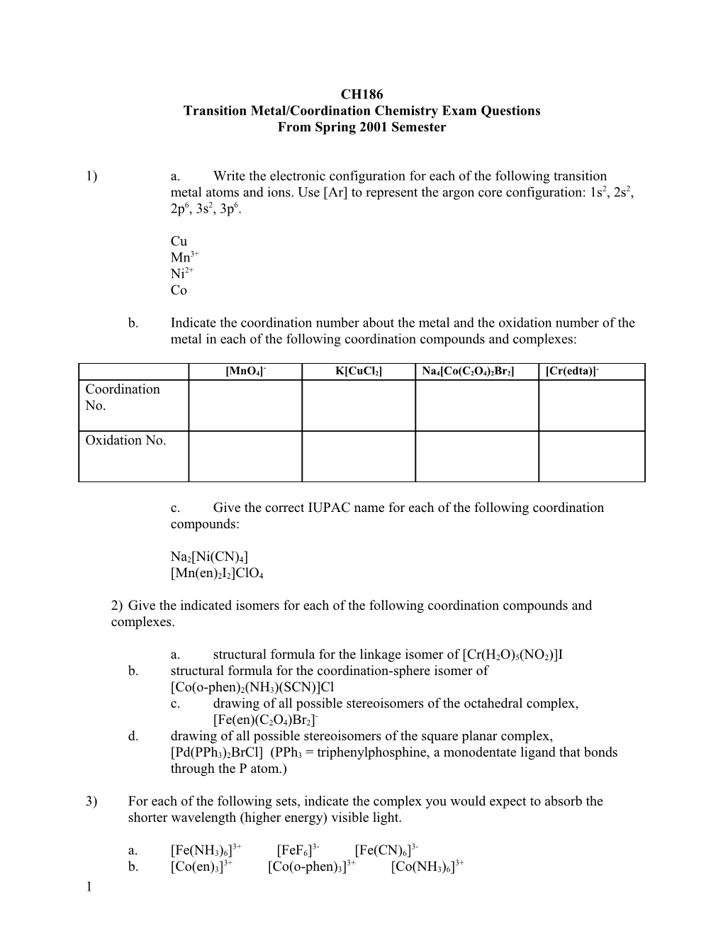 Transition Metal/Coordination Chemistry Exam Questions