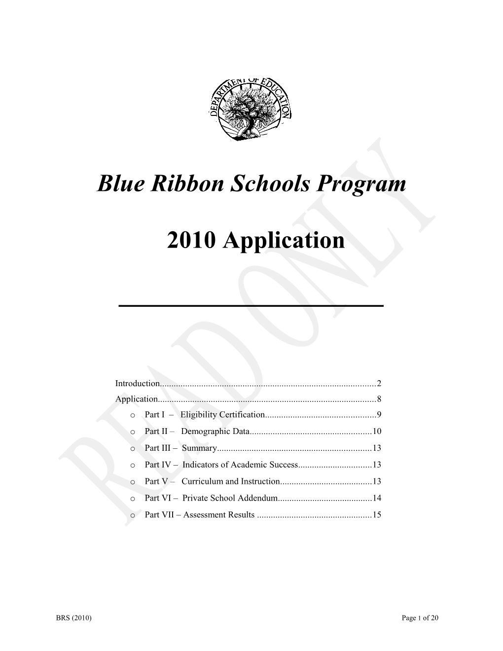 Application: 2009-2010, Blue Ribbon Schools Program (Msword)