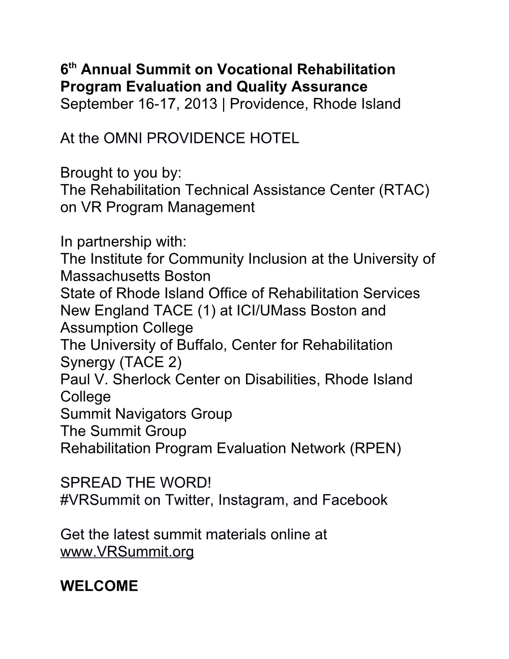 6Th Annual Summit on Vocational Rehabilitation Program Evaluation and Quality Assurance