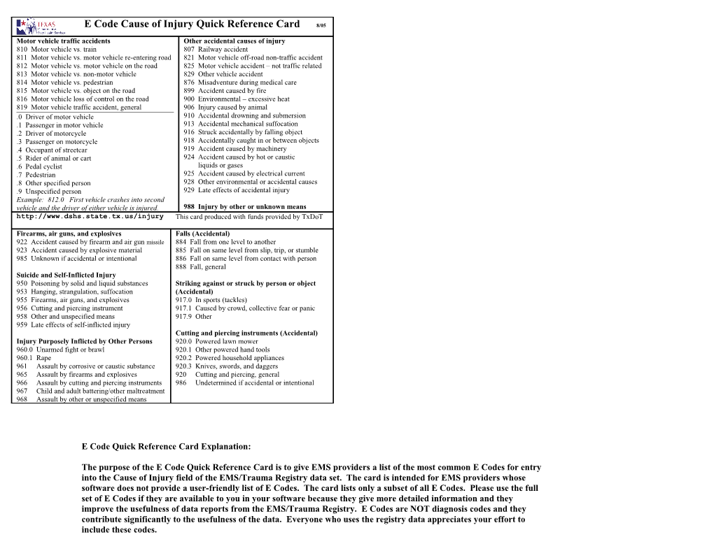 E Code Quick Reference Card Explanation