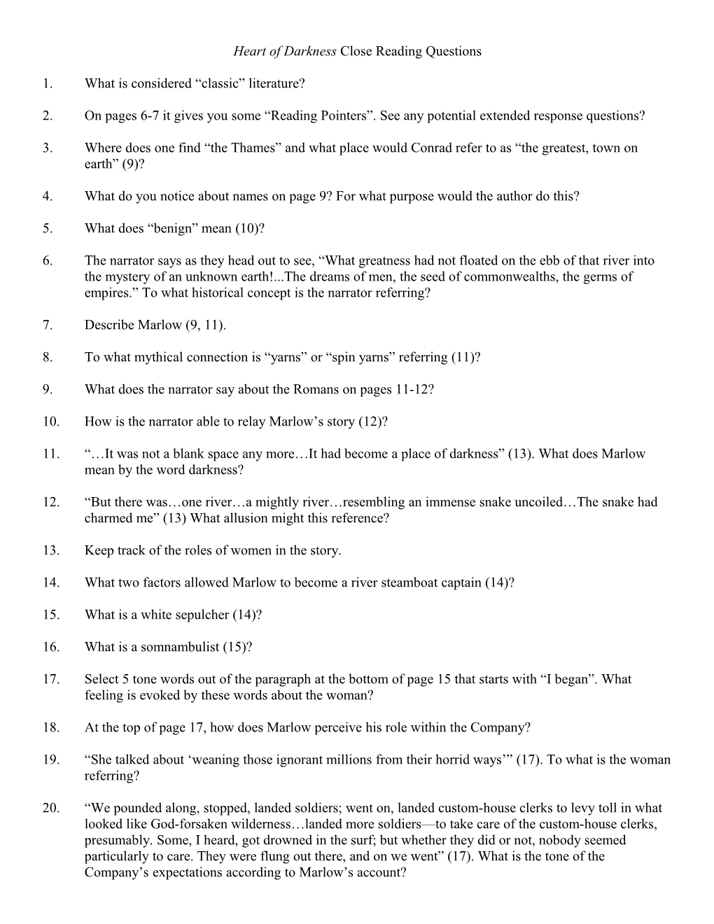 Heart of Darkness Close Reading Questions