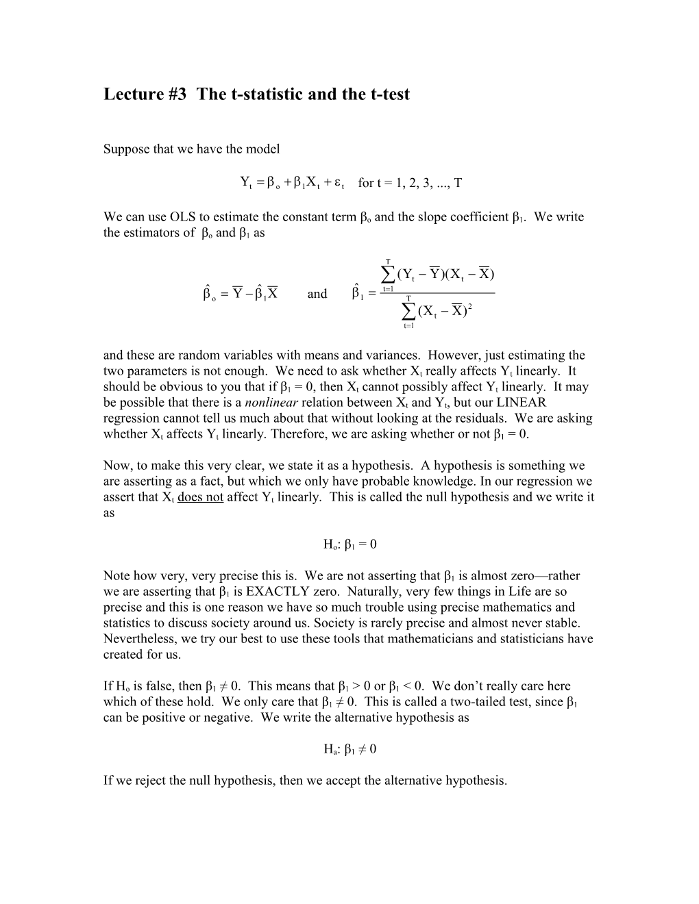 Lecture #3 the T-Statistic and the T-Test