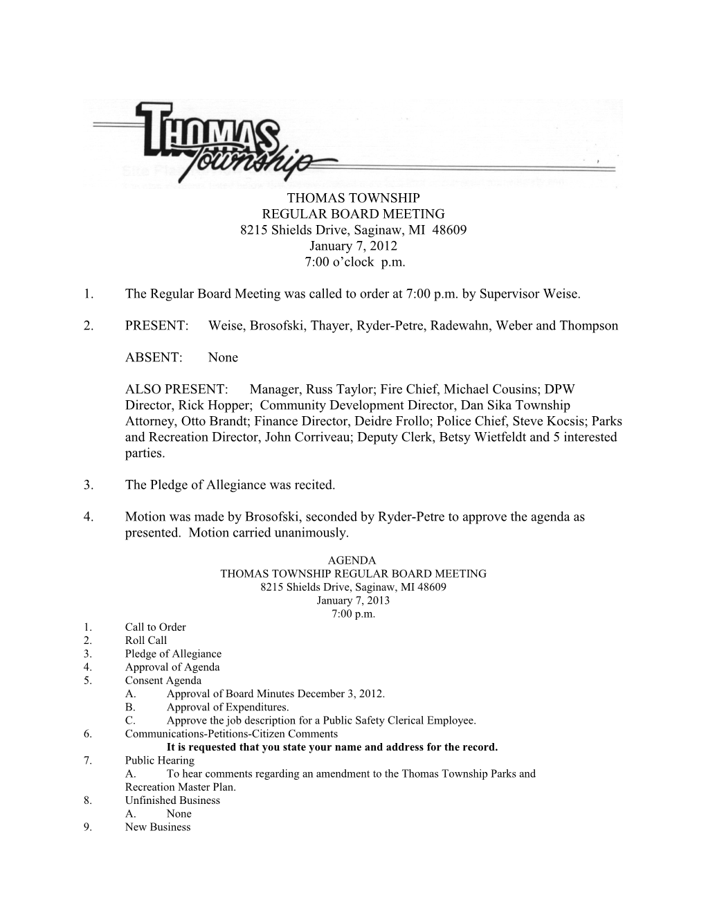Thomas Township Board Meeting January 2013