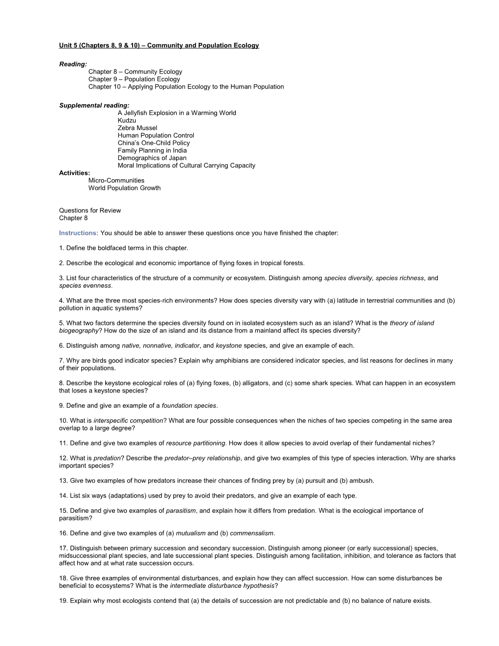 Unit 5 (Chapters 8, 9 & 10) Community and Population Ecology