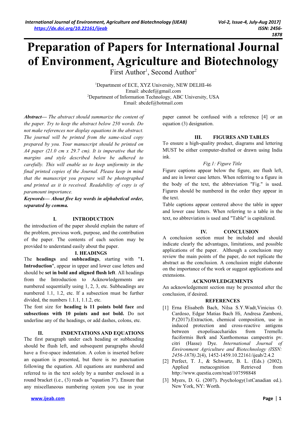 Preparation of Papers for International Journal of Environment, Agriculture and Biotechnology