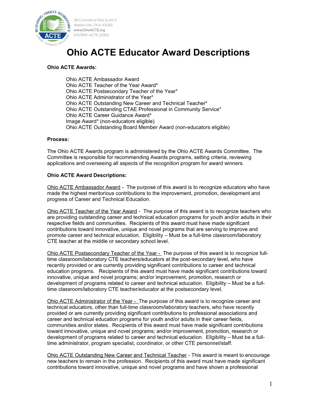 2008 Ohio ACTE Awards Nomination Form