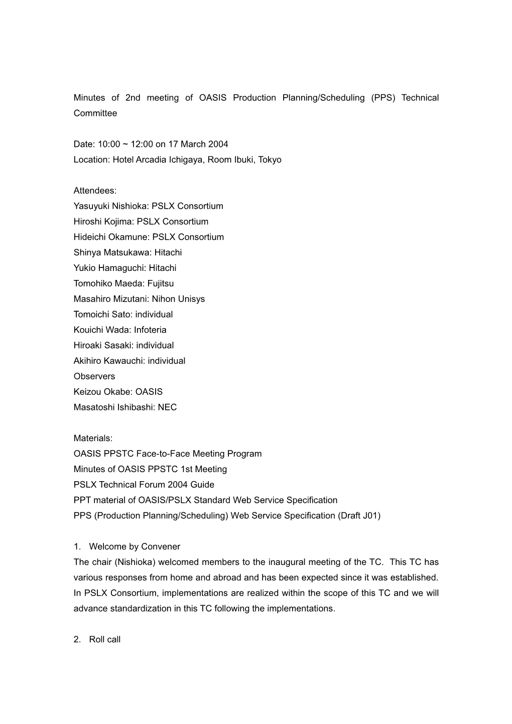 Minutes of 2Nd Meeting of OASIS Production Planning/Scheduling (PPS) Technical Committee