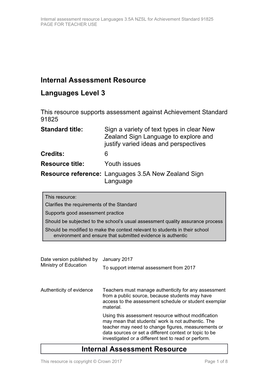 Level 3 Languages Internal Assessment Resource - NZSL