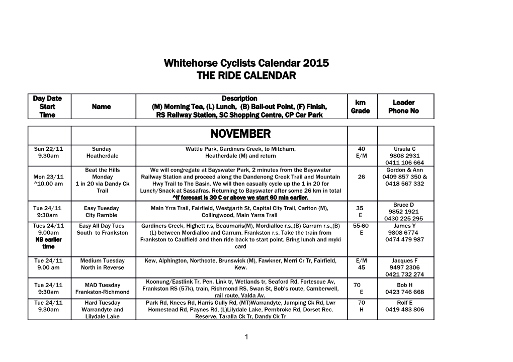 Whitehorse Cyclists Calendar 2015