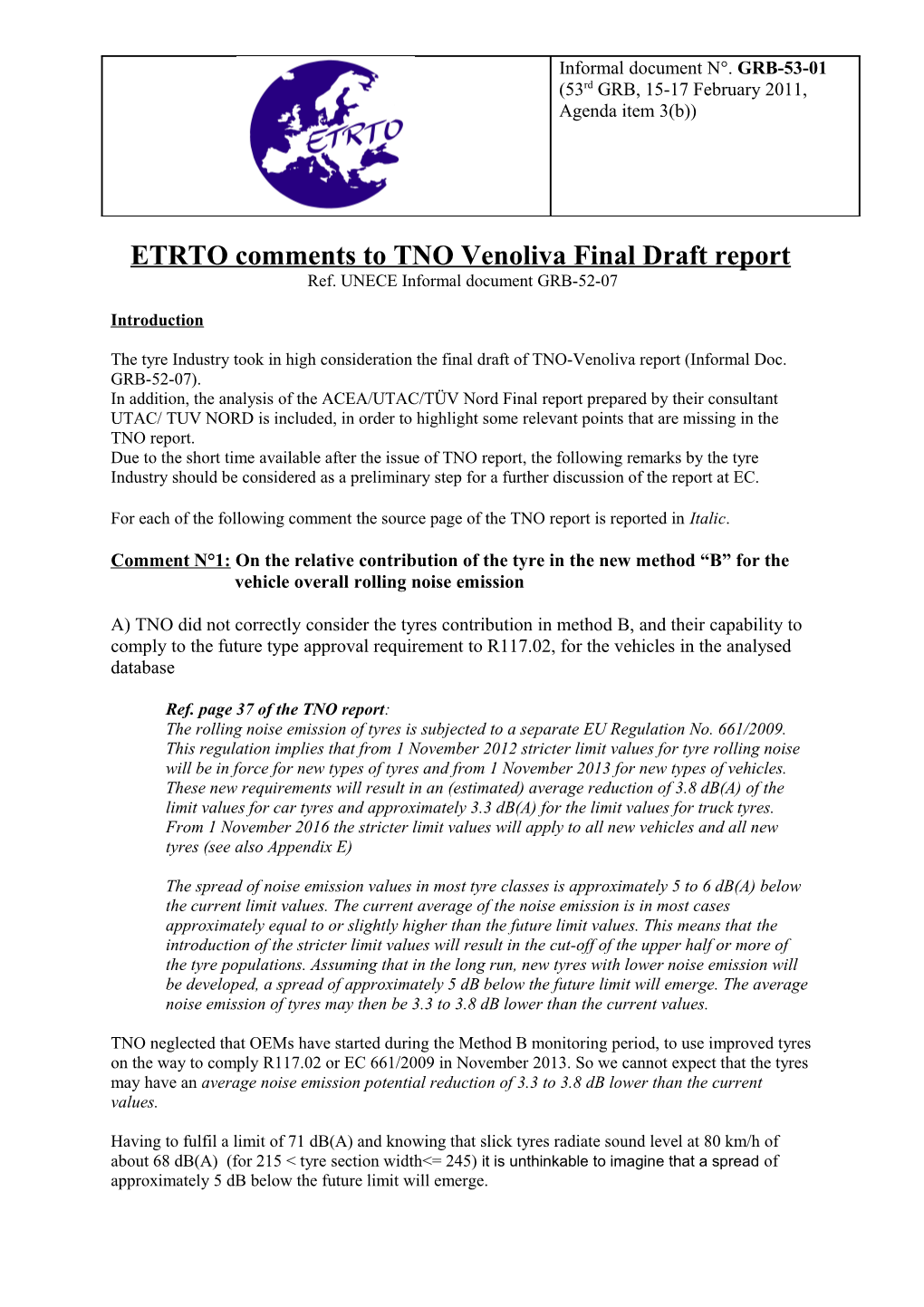 ETRTO Answer to TNO Venoliva Report Addressed to EC