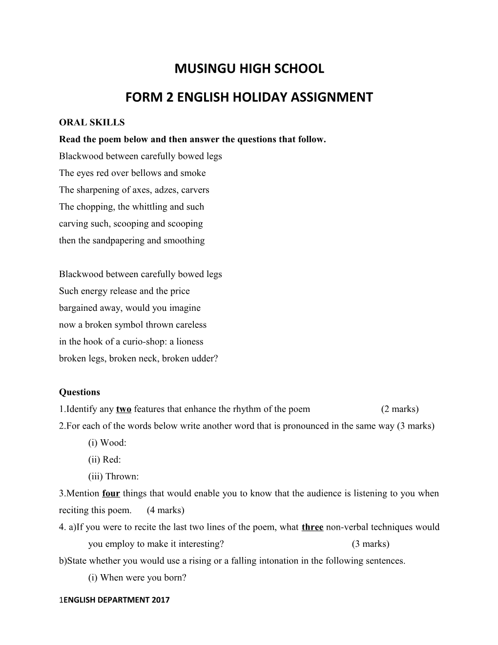 Form 2 English Holiday Assignment