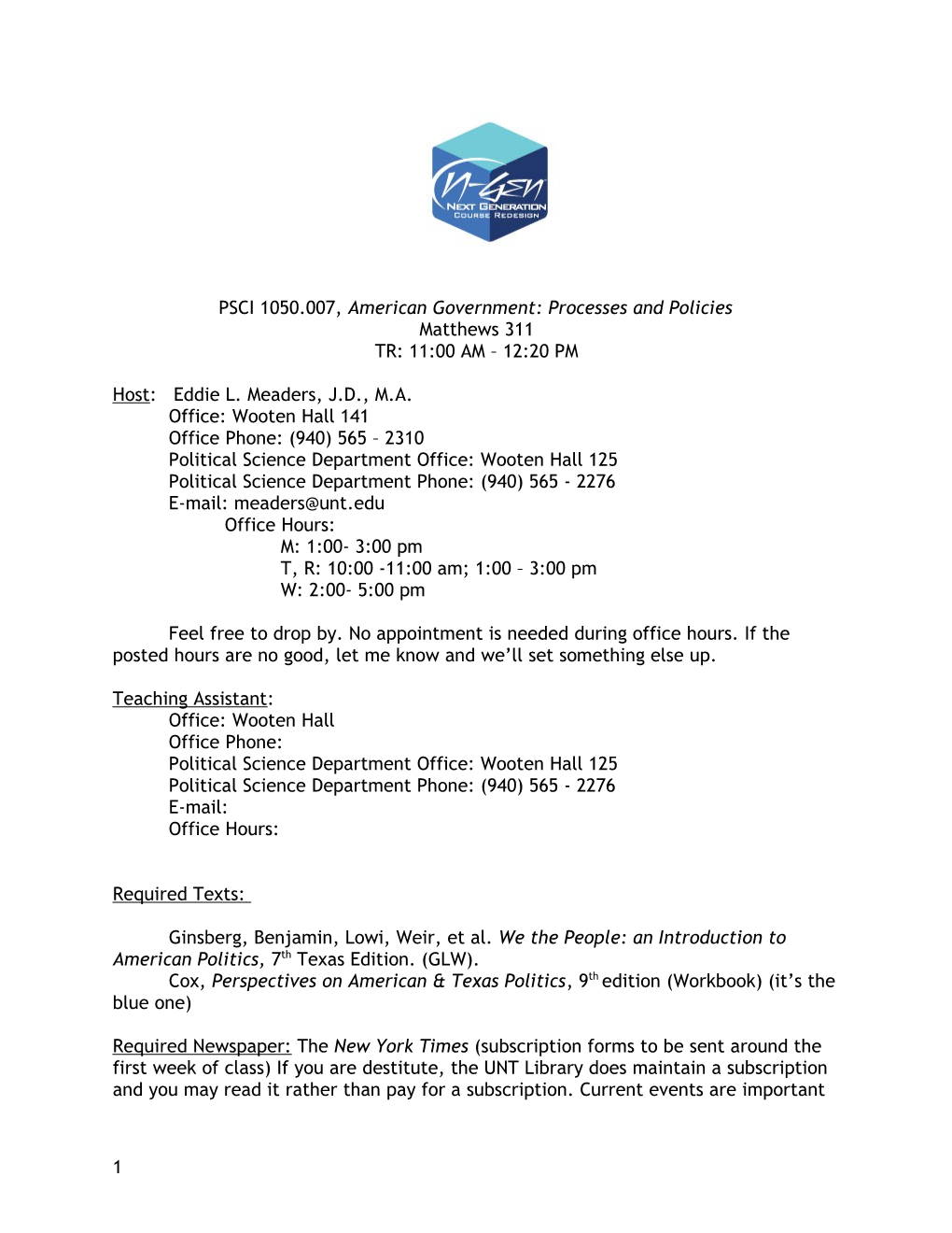 PSCI 1050.007, American Government: Processes and Policies