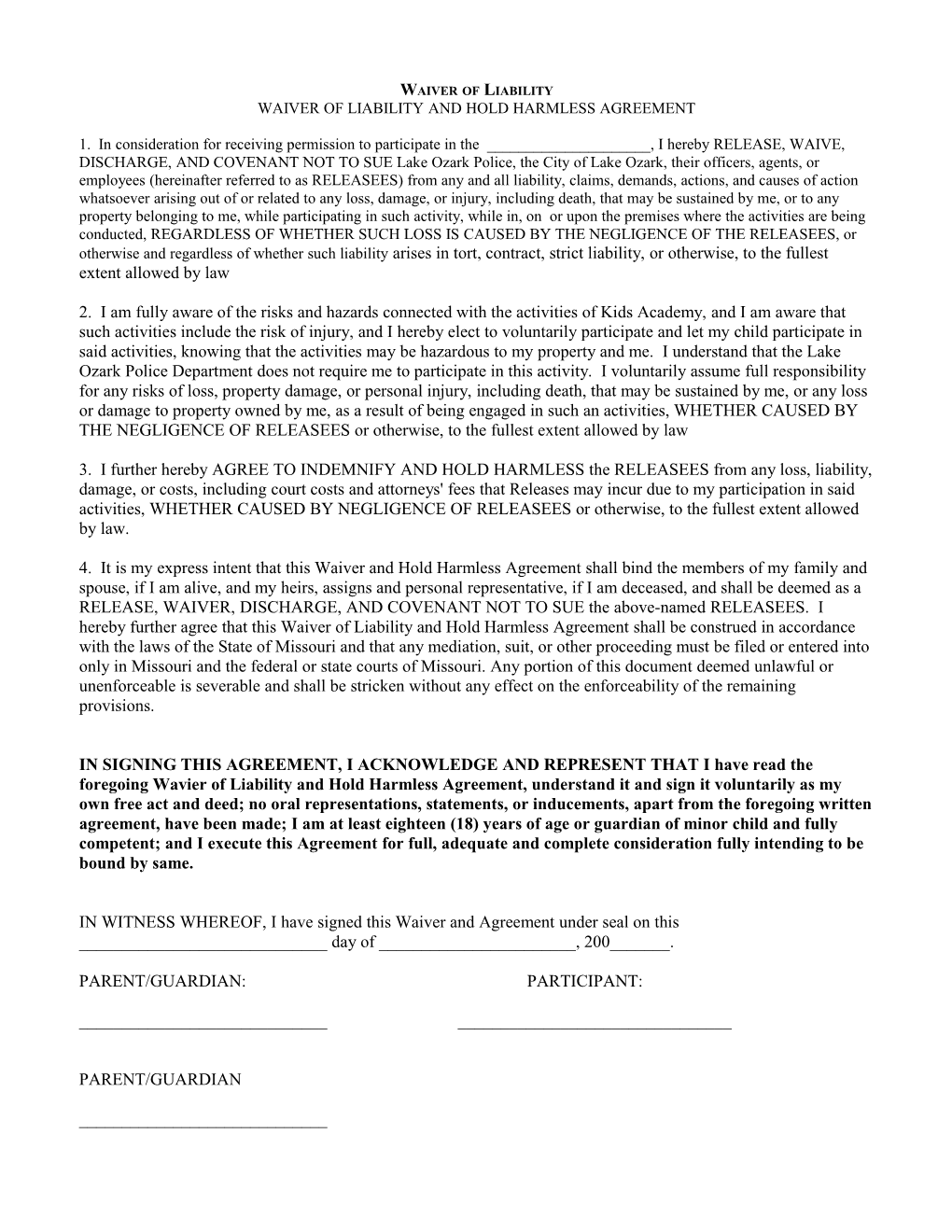 Generic Waiver of Liability