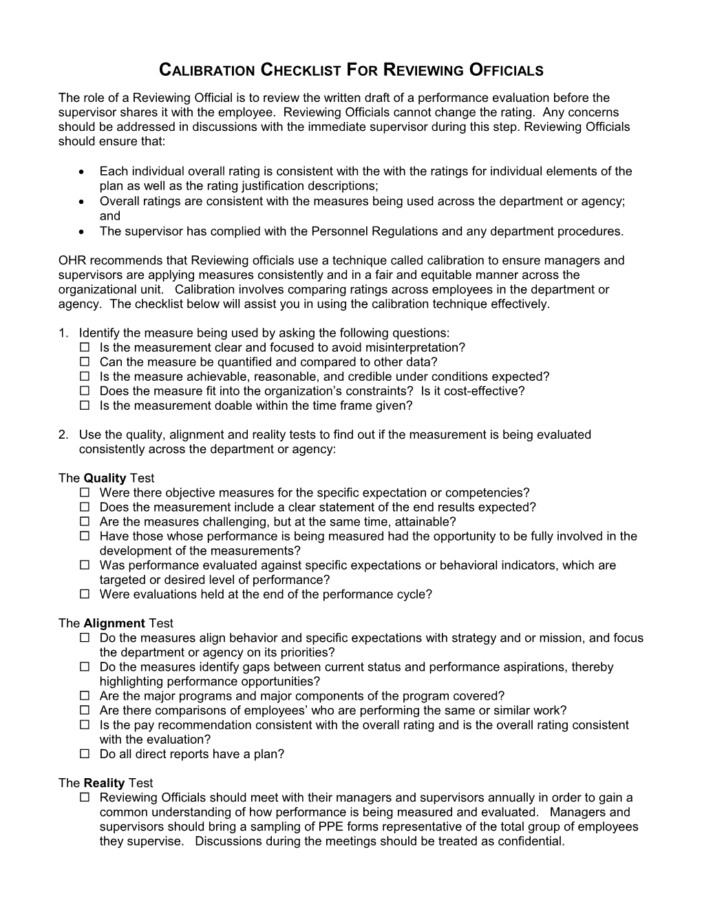 Calibration Checklist for Reviewing Officials