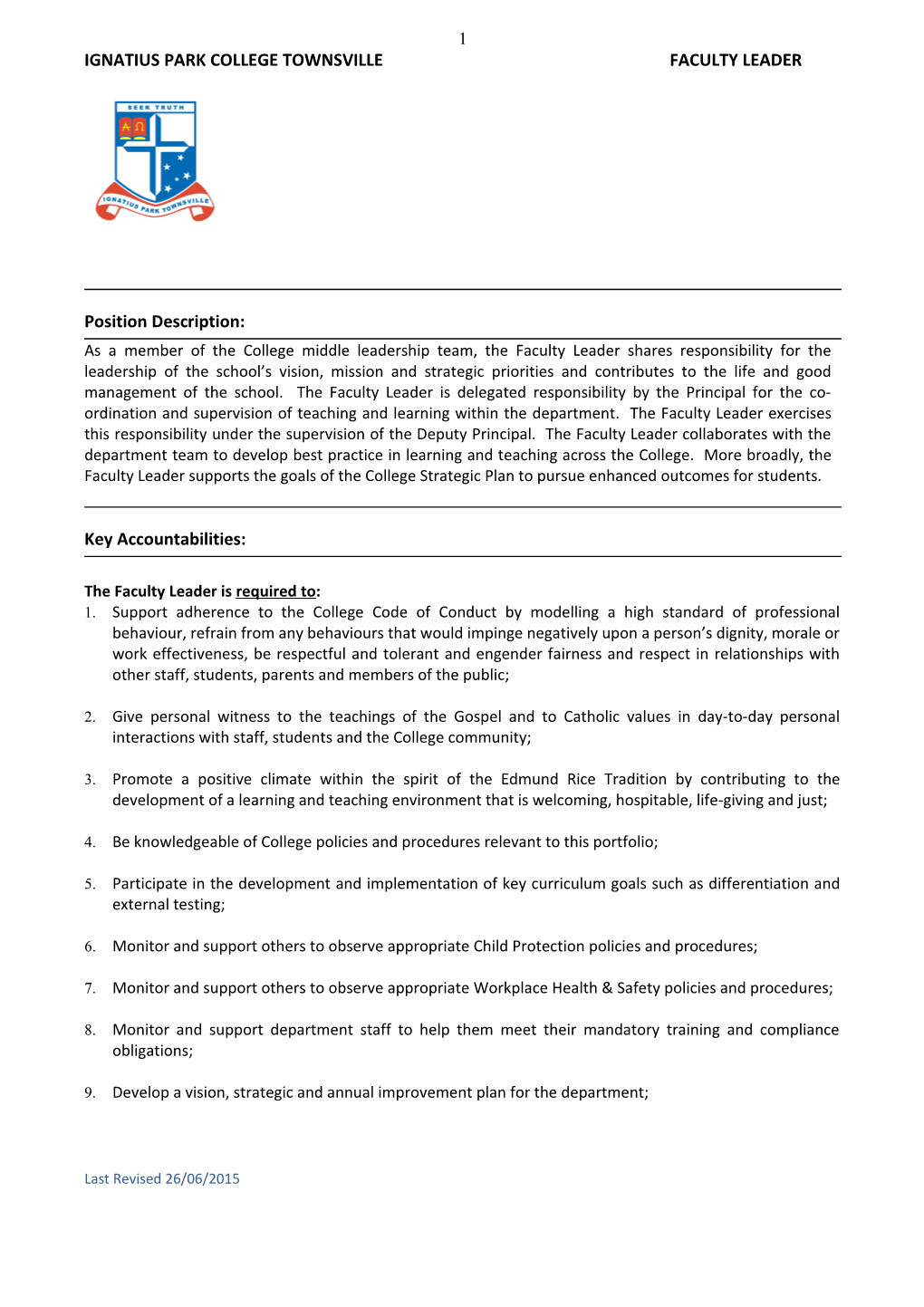Role Description: HEAD of DEPARTMENT LAST REVISED: 08 APRIL 2014