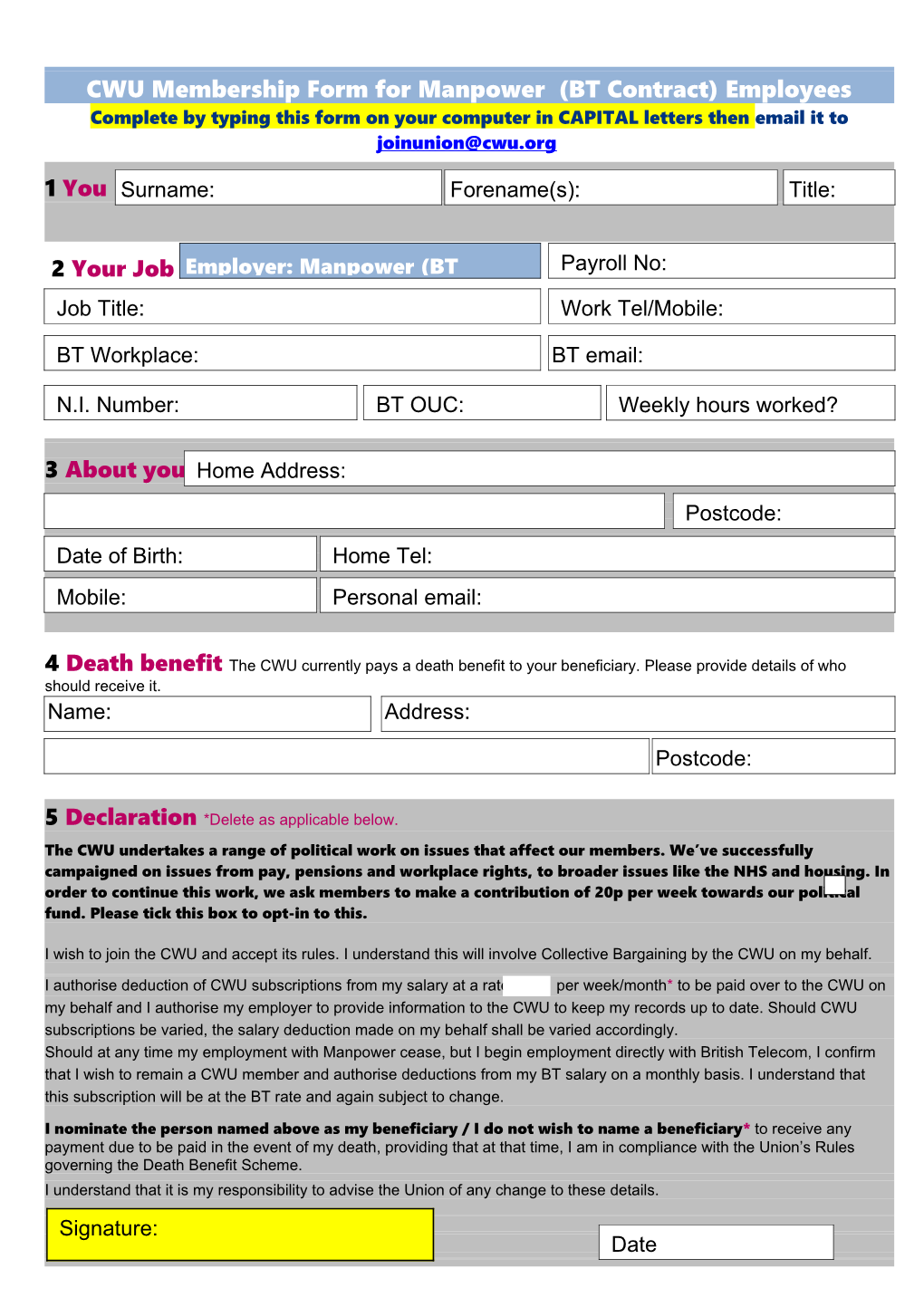 CWU Membership Form for Manpower (BT Contract)Employees