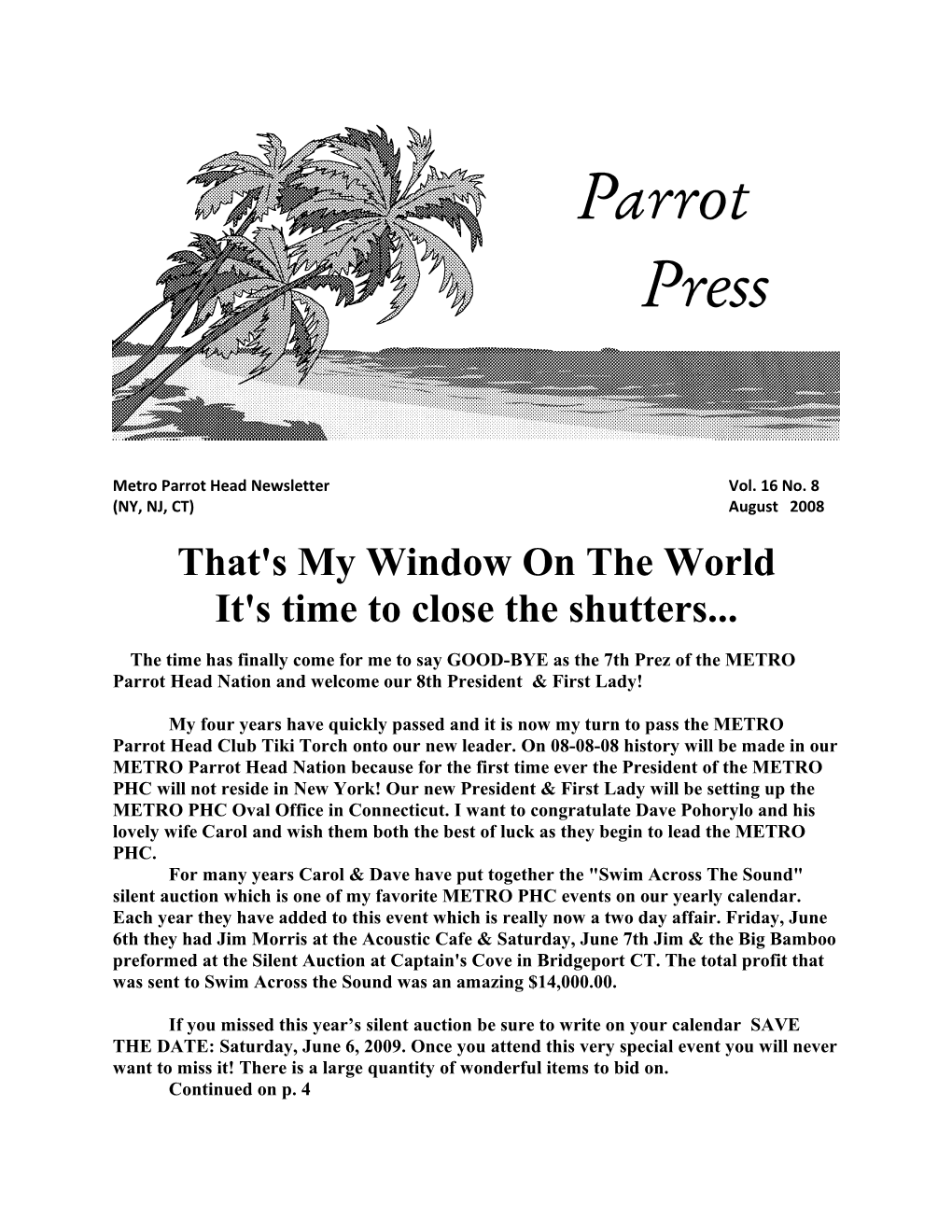 Metro Parrot Head Newslettervol. 16 No. 8