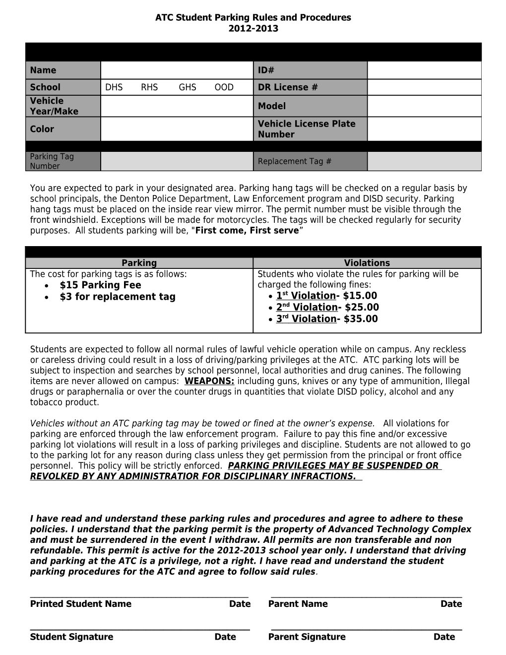 ATC Student Parking Rules and Procedures