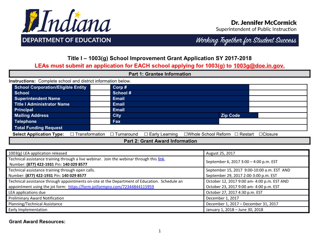 Title I 1003(G) School Improvement Grant Application SY 2017-2018
