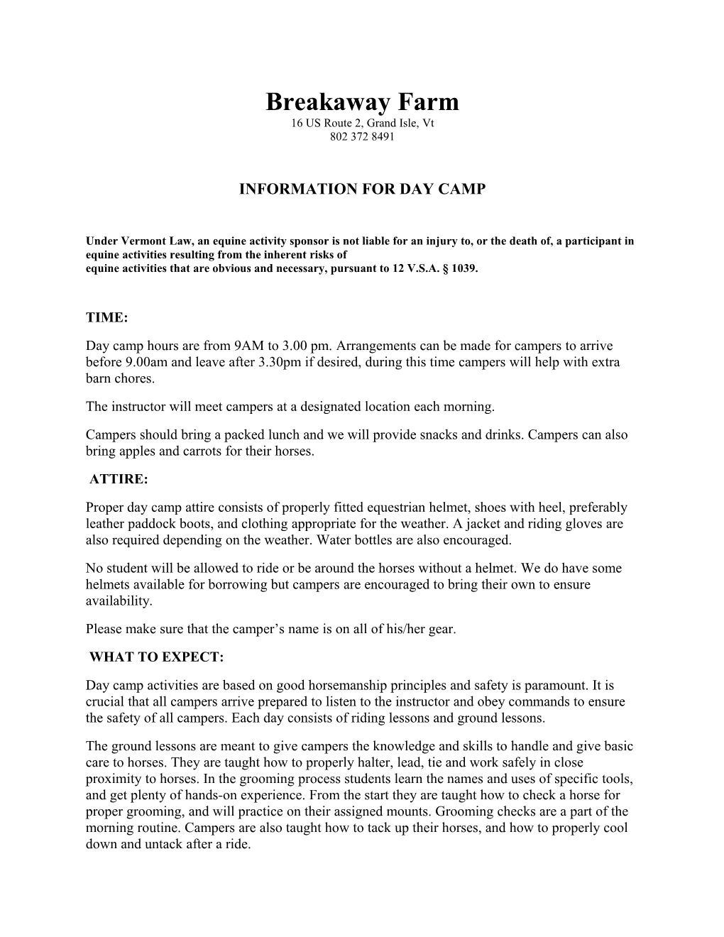 Information for Day Camp