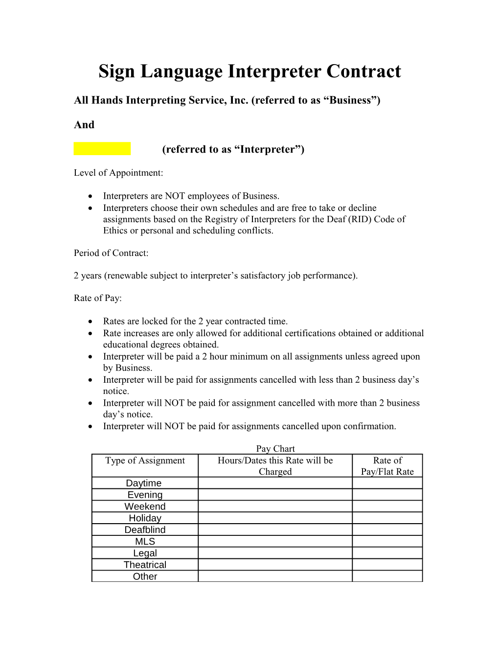 Sign Language Interpreter Contract