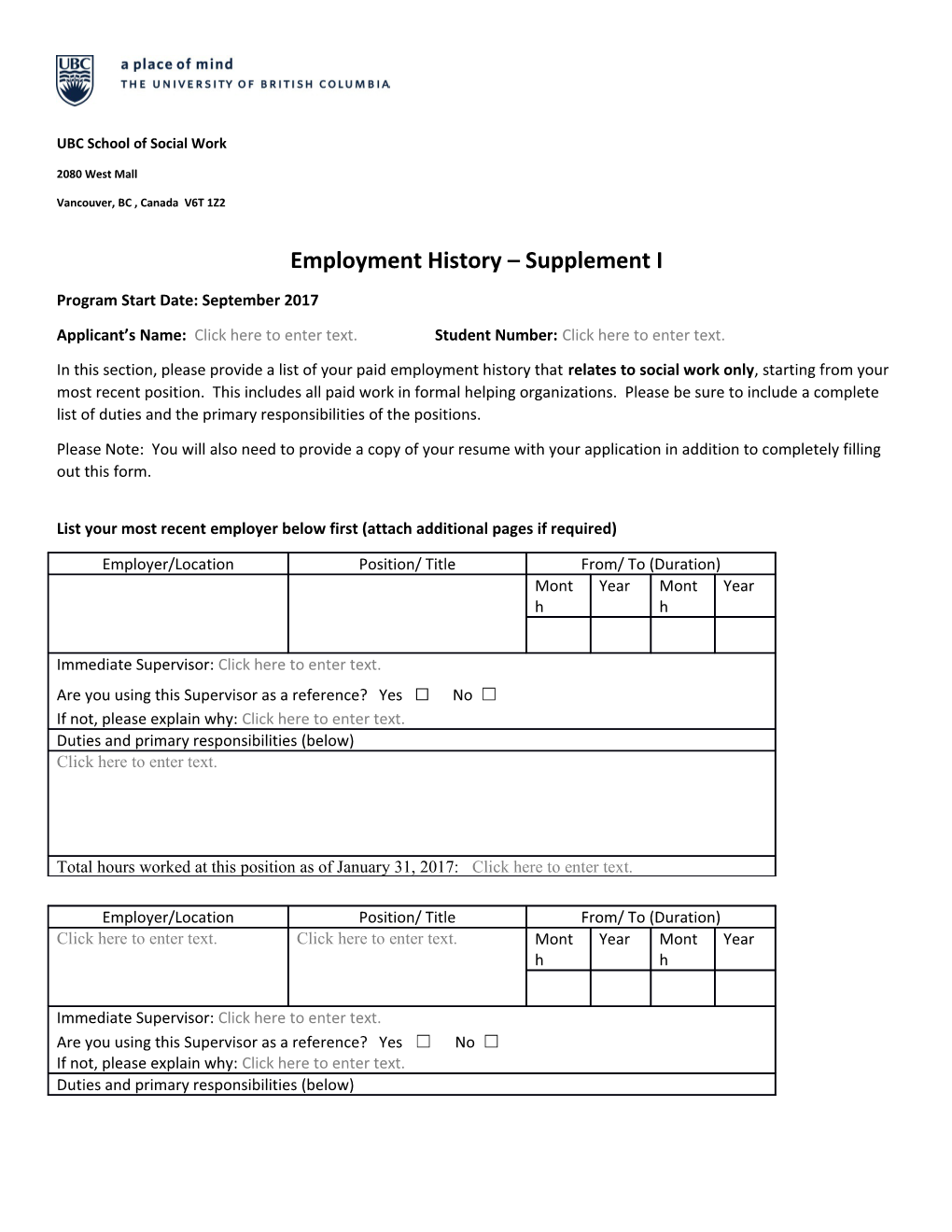 Employment History Supplement I