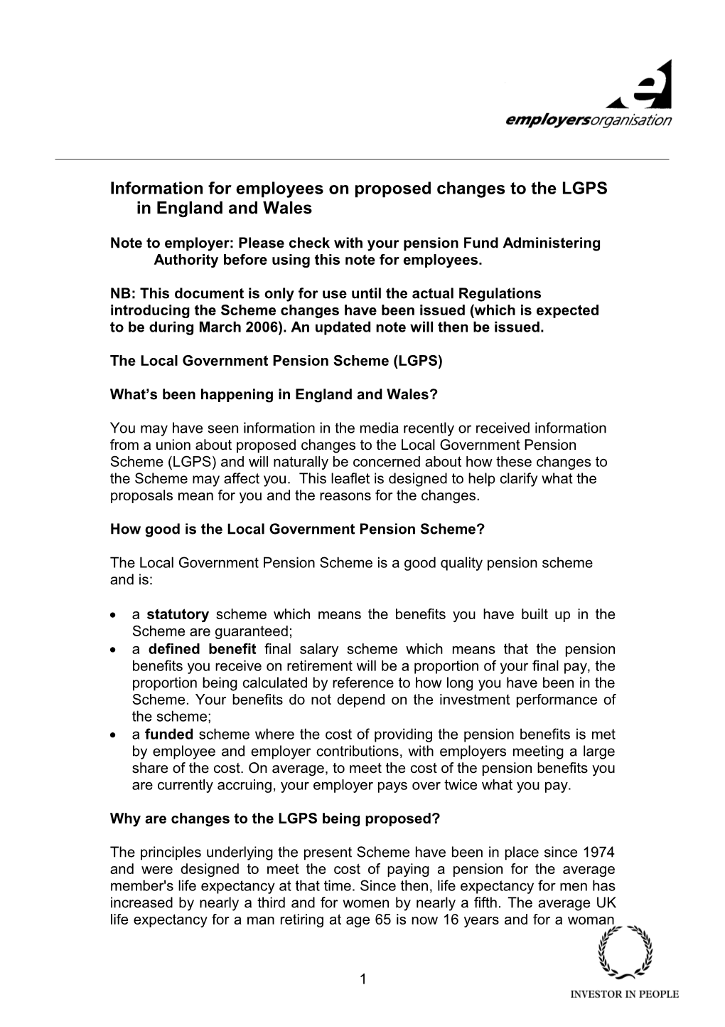 April 2006 Changes to the LGPS in England and Wales