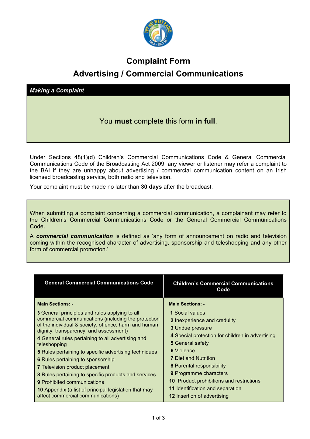 Advertising Complaint Form