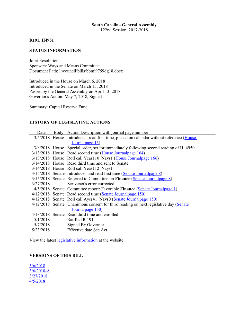 2017-2018 Bill 4951: Capital Reserve Fund - South Carolina Legislature Online