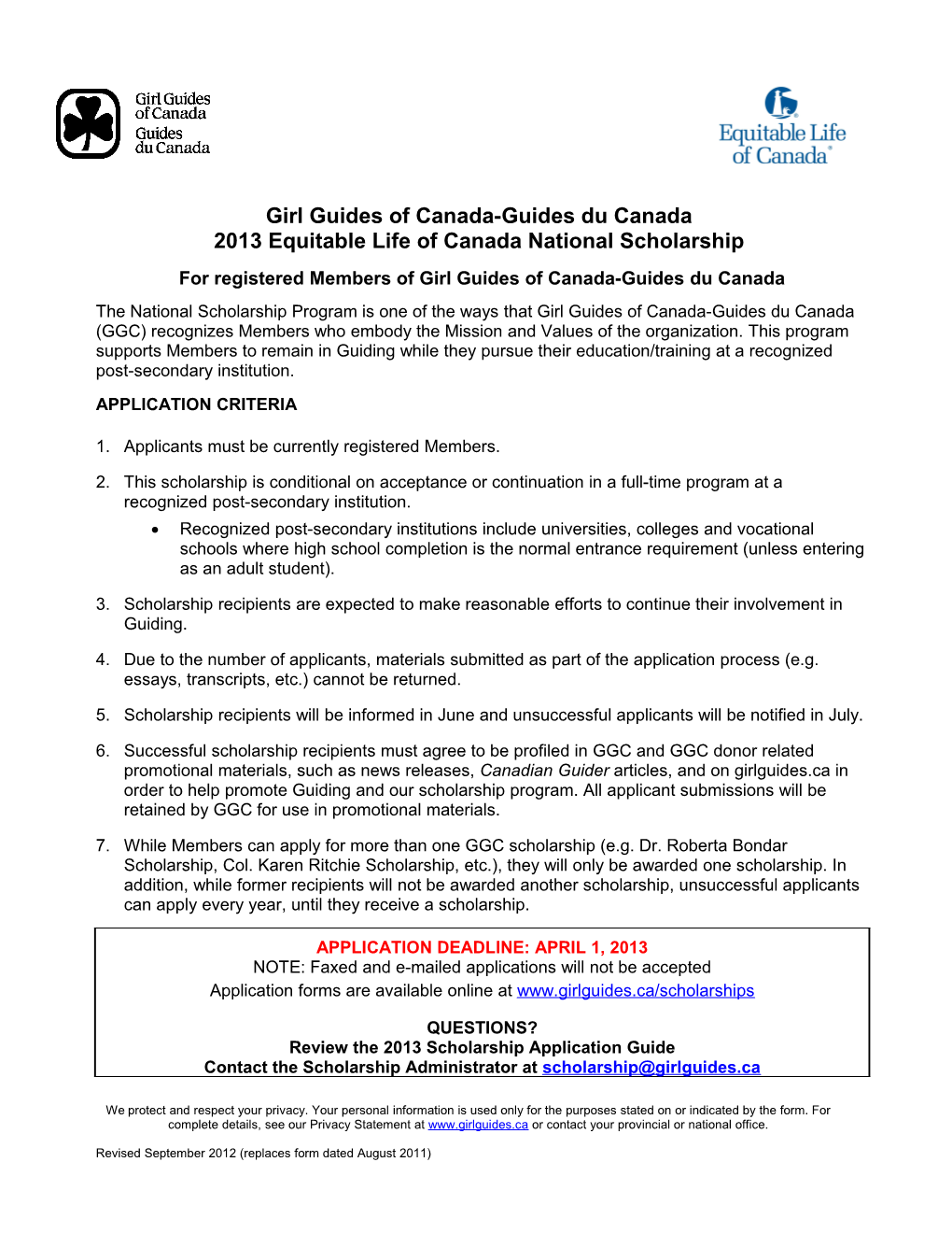 2013 Equitable Life of Canada National Scholarship