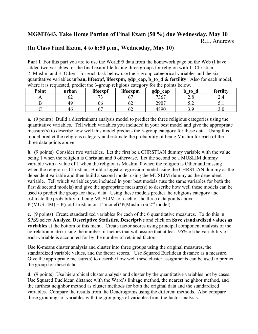 MGMT643, Take Home Portion of Final Exam (50 Points)