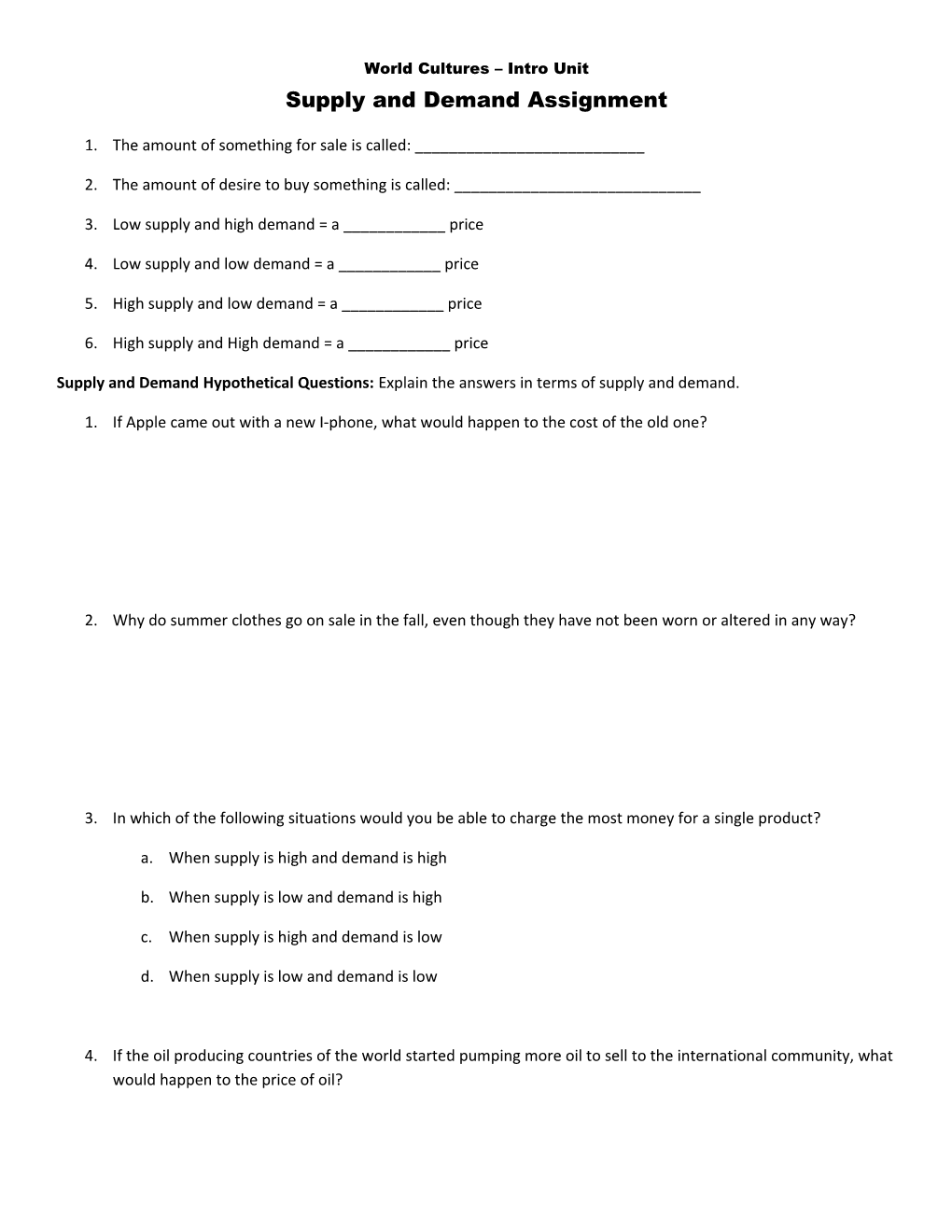 World Cultures Intro Unit Supply and Demand Assignment