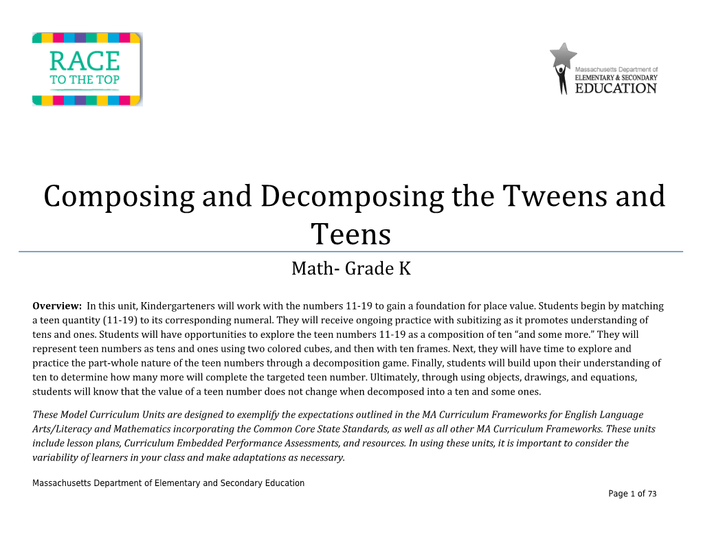 Math Grade K Composing & Decomposing the Tweens and Teens - Model Curriculum Unit