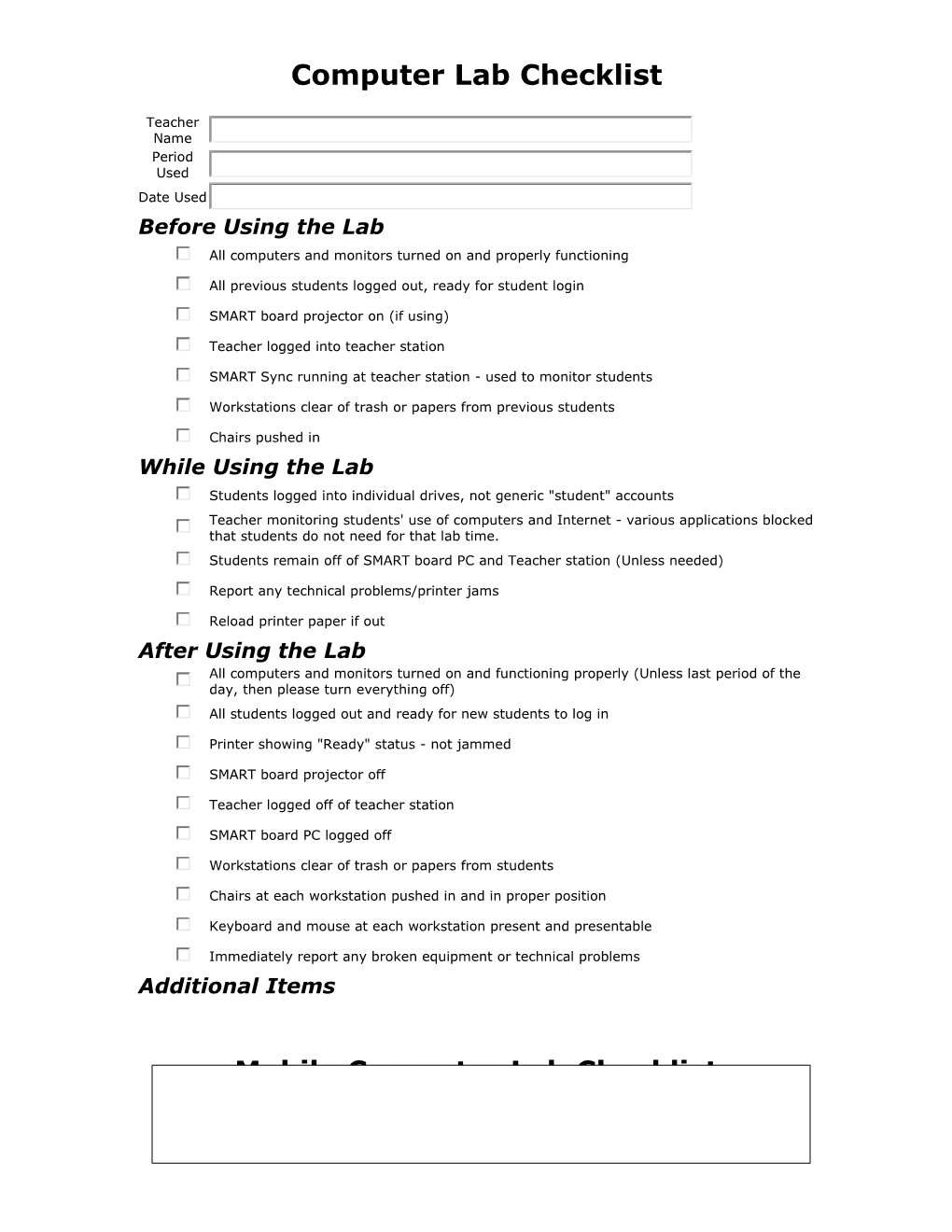 Computer Lab Checklist
