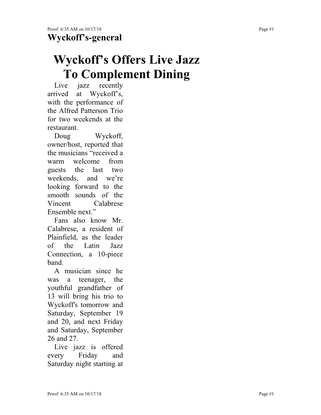 Wyckoff S Offers Live Jazz