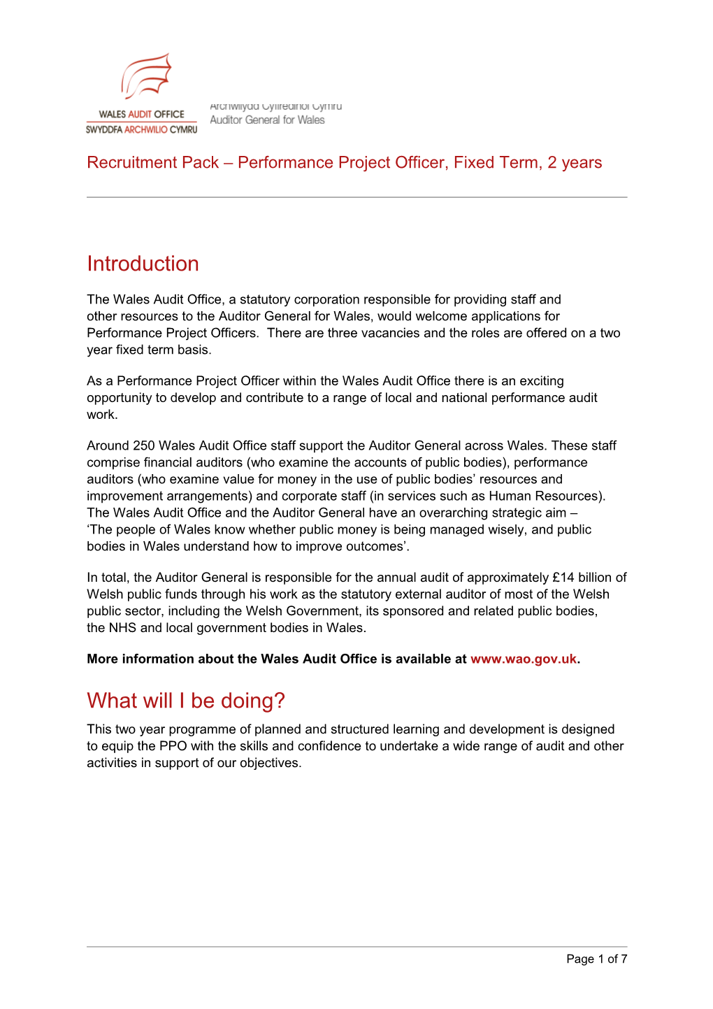 Recruitment Pack Performance Project Officer, Fixed Term