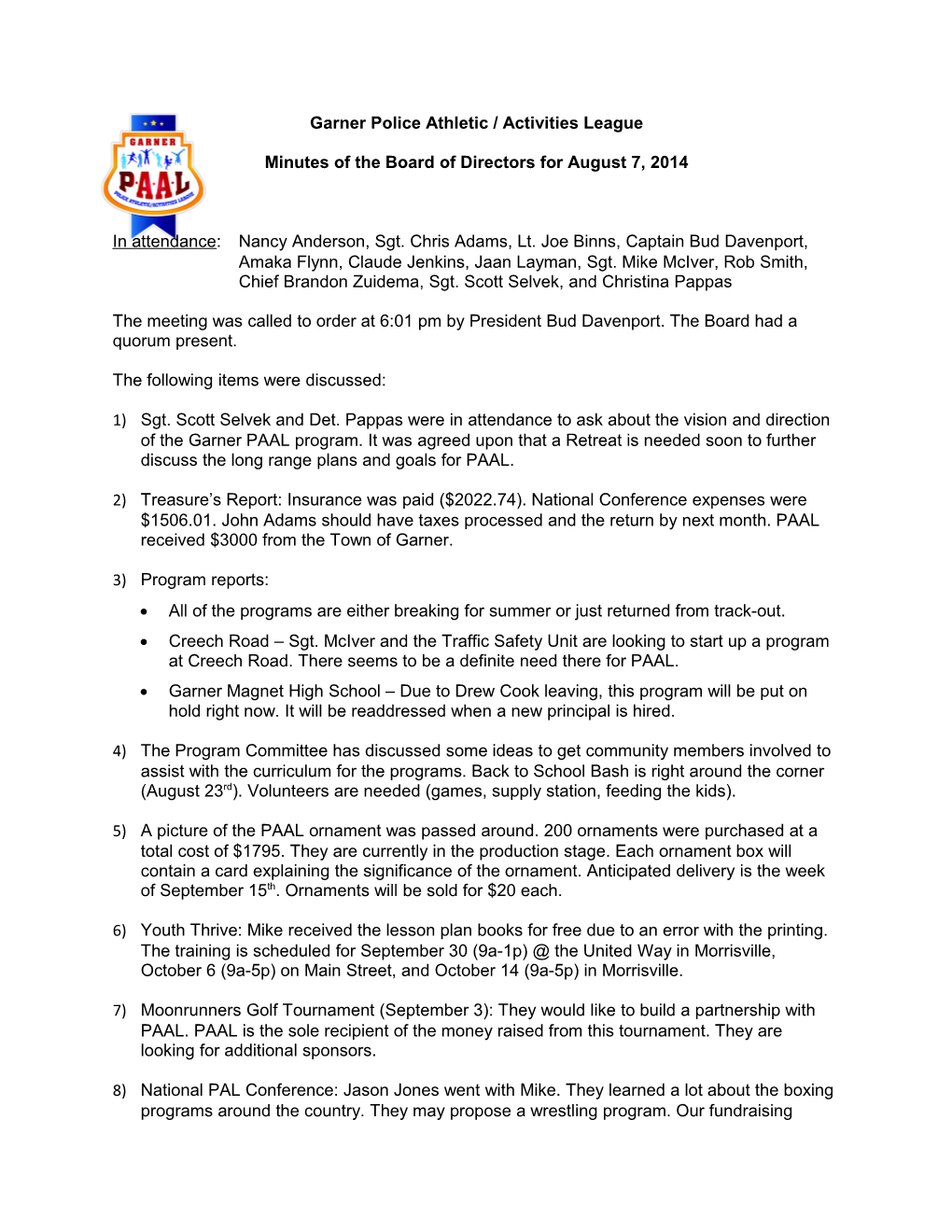 Minutes of the Board of Directors for August 7, 2014