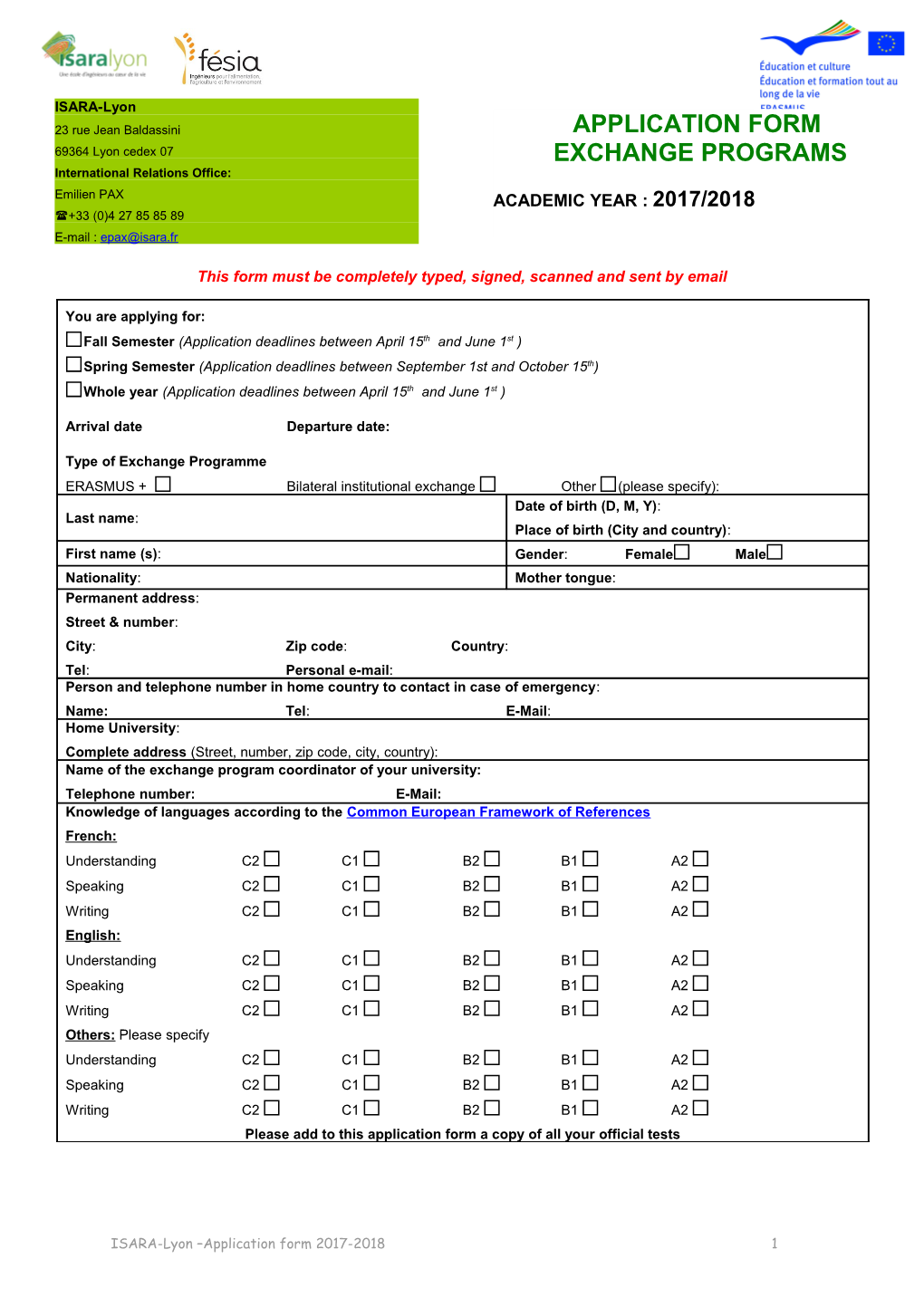 This Form Must Be Completely Typed, Signed, Scanned and Sent by Email