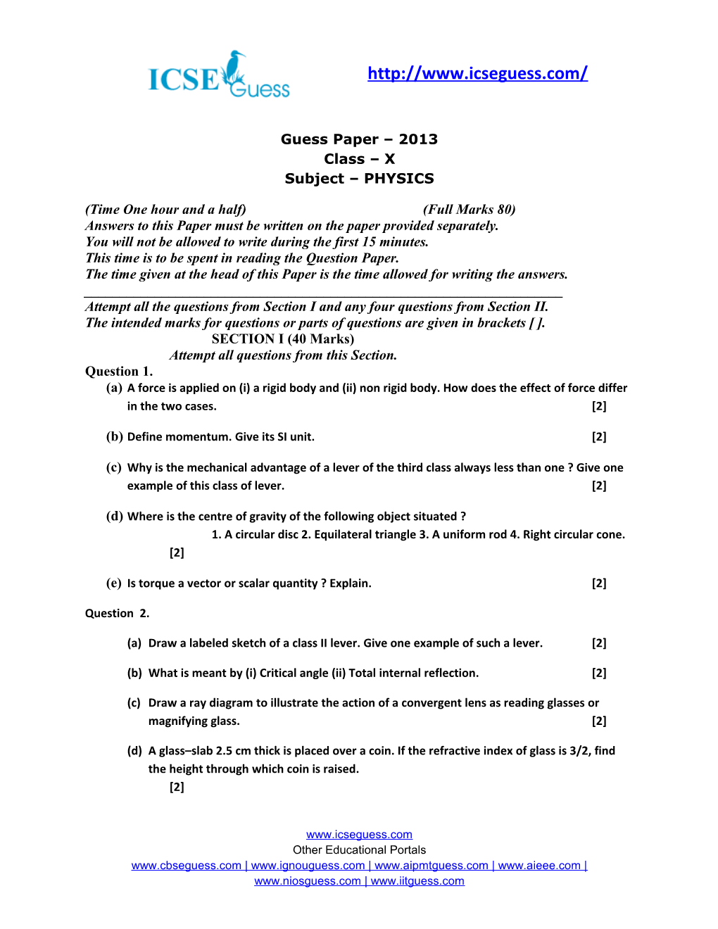 PHYSICS ICSE Class X Guess Paper for 2013